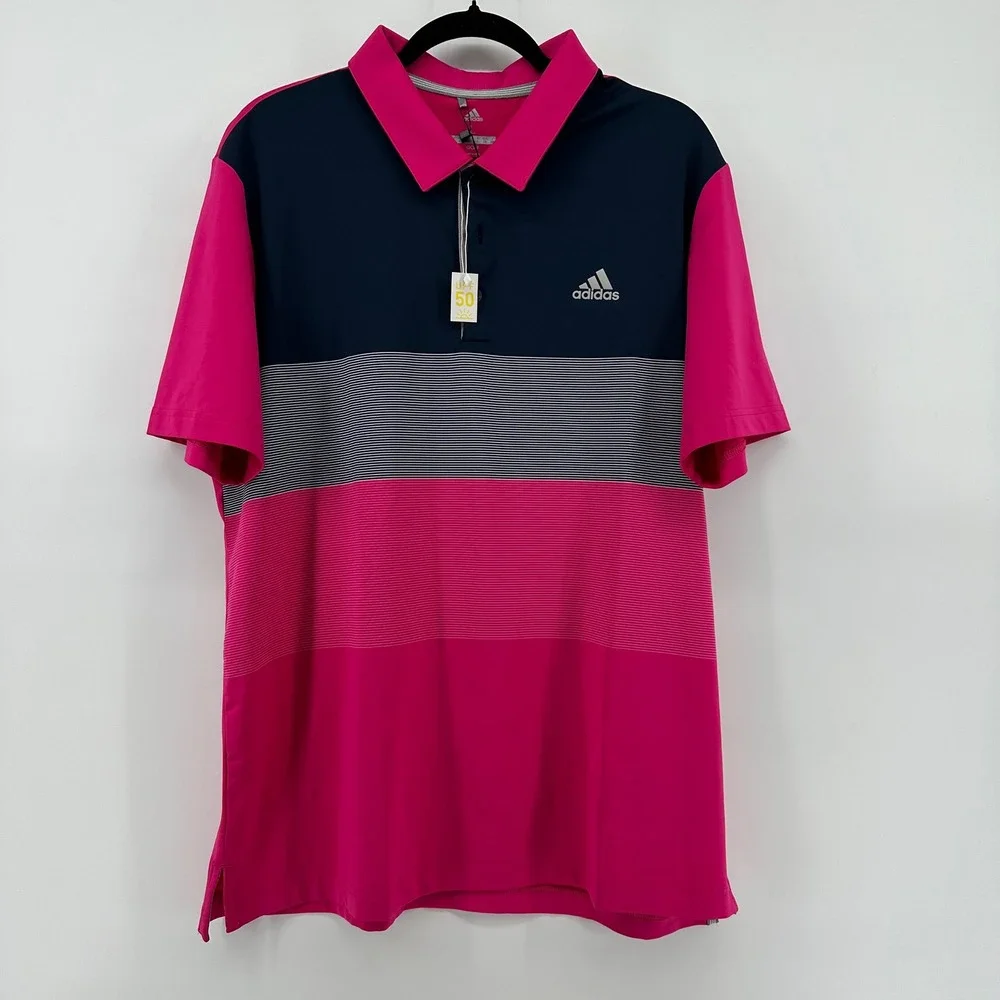 Adidas Golf Mens Ultimate365 Polo Shirt Pink Navy Blue Striped CZ8210 Size L